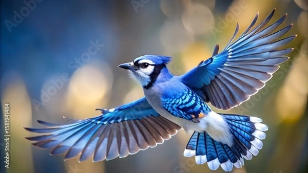 Obraz Blue Jay Flying with Spread Wings and Colorful Blurred Background