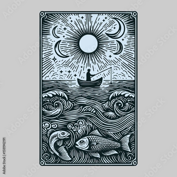 Fototapeta retro vector card depicting ancient fish monster from cursed fishing trip