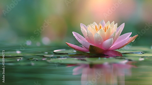 Fototapeta Serene Water Lily With Gentle Dewdrops on Tranquil Pond Reflection