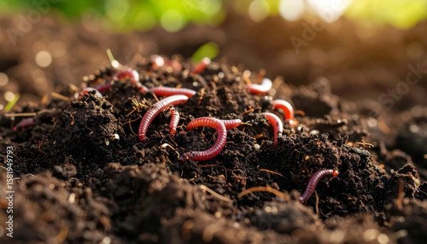 Fototapeta A close-up view of rich, dark, healthy soil that contains visible organic matter and earthworms.