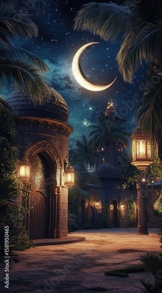 Fototapeta Night scene in a mystical Arabian town.  Crescent moon, buildings, palm trees, lanterns