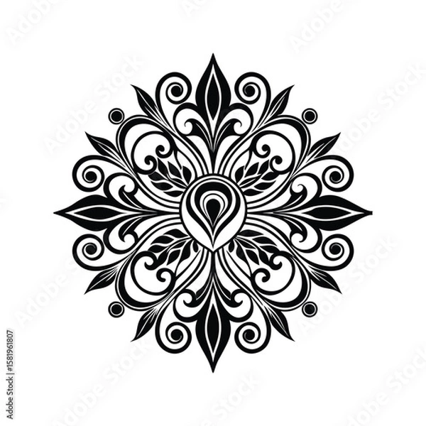 Fototapeta Intricate black floral mandala design with swirling patterns and leaf motifs symmetrical white