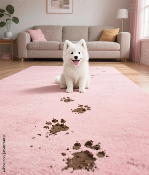 Fototapeta A white dog sitting on the floor, spreading mud in the room, shows muddy paw prints around the room.