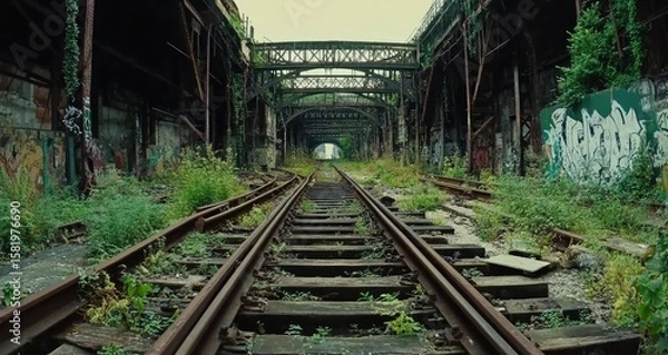 Fototapeta Abandoned train tracks, overgrown with vegetation, pass beneath a decaying metal bridge, adorned with graffiti