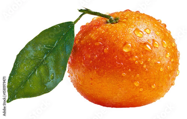 Fototapeta Whole Orange with Water Droplets and Leaf Stem, Front View, Isolated on Transparent Background