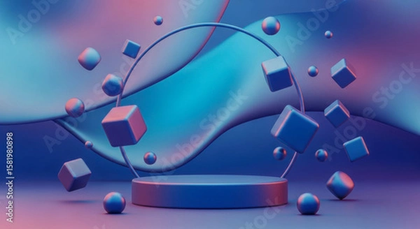 Fototapeta 3D abstract scene with floating cubes and spheres around a circular podium, set against a smooth gradient background in shades of blue and pink.