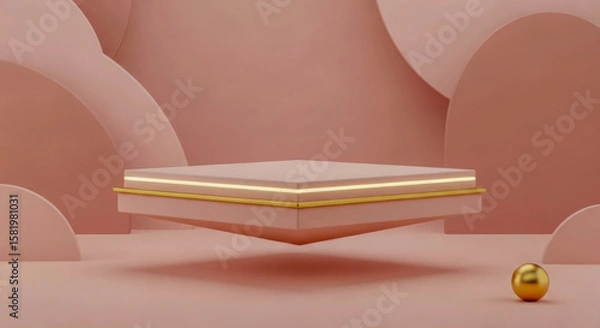 Fototapeta Minimalist floating square podium with gold accents in a soft pink environment, surrounded by curved abstract shapes and a single golden sphere on the floor.