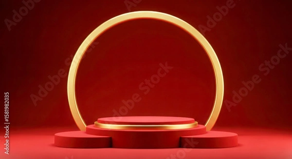 Fototapeta Striking red platform with a golden arch and tiered base, set against a deep red background, perfect for showcasing luxury products or bold design concepts.