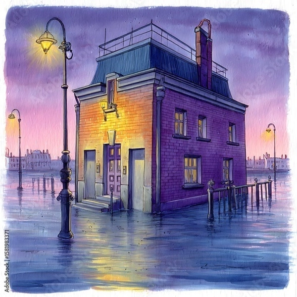 Fototapeta Brick Building Illuminated at Dusk, Submerged in Floodwaters. A whimsical illustration depicting a small brick house partially flooded at sunset.