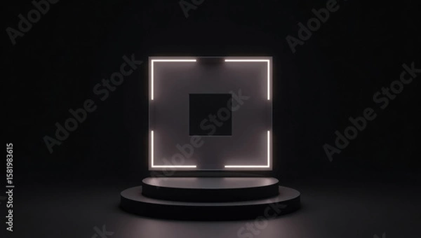 Fototapeta Dark futuristic stage with a glowing square frame and central circular podium. Minimal lighting creates a dramatic and high-tech atmosphere for product or visual presentations.