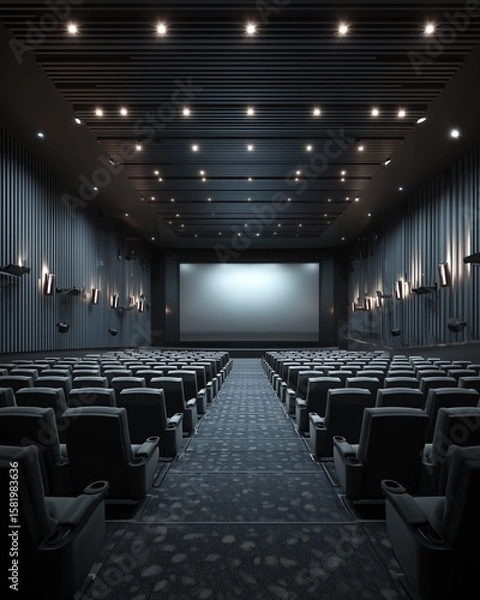 Fototapeta Captivating Cinema: An empty theater showcases an immersive screen, designed for film enthusiasts, surrounded by dark-colored seating and soft lighting.