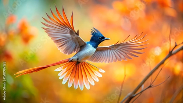 Fototapeta Paradise Flycatcher Flying with Spread Wings and Colorful Blurred Background