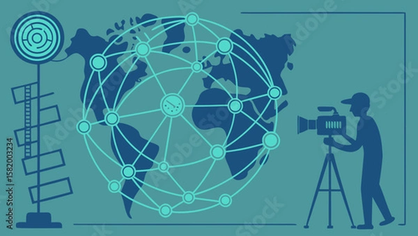 Fototapeta Illustration of global network over world map with cameraman and antenna on teal background