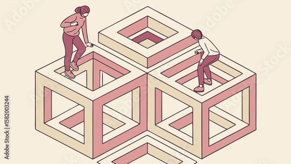 Fototapeta Two people navigating an impossible cube structure with open square centers and pink and beige colors