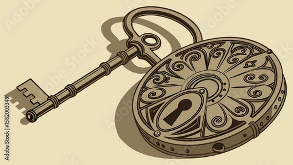 Fototapeta A vintage key and ornate padlock with intricate designs on a light beige background casting shadows