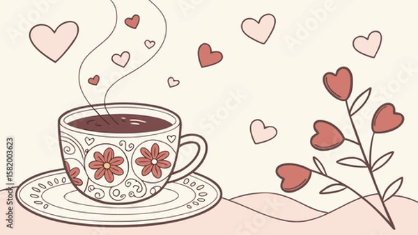 Fototapeta Aesthetic coffee cup with heart details and flowers, surrounded by floating hearts on a light background