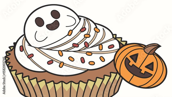 Fototapeta A halloween cupcake with a ghost shaped topping and a pumpkin on a white background design