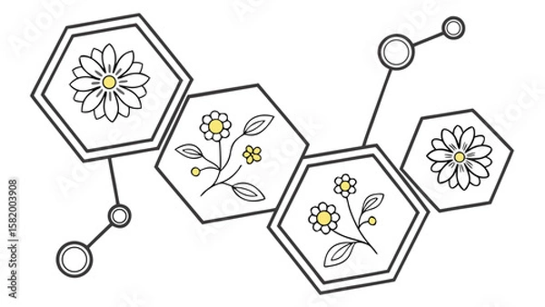 Fototapeta Geometric floral arrangement featuring daisy flowers and botanical elements in hexagon frames design art