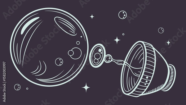 Fototapeta Illustration of a bubble wand with a large bubble and smaller floating bubbles on a dark background