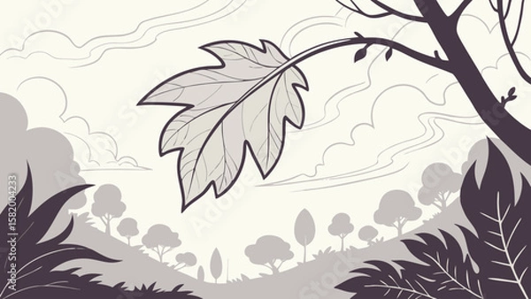 Fototapeta Illustration of a single leaf hanging from a branch against a landscape background with clouds and trees