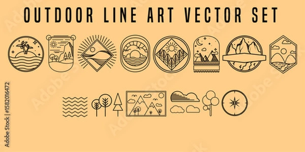 Obraz landscape logo badge line art outdoor adventure labels and patches vector collection