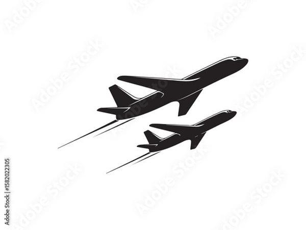Fototapeta Two silhouette airplanes ascending with speed lines isolated on white background