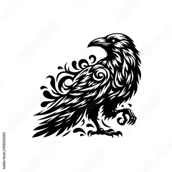 Fototapeta Ornate Raven Illustration: A majestic raven, rendered in intricate black and white line art, stands proudly amidst swirling decorative elements, evoking a sense of mystery and power.