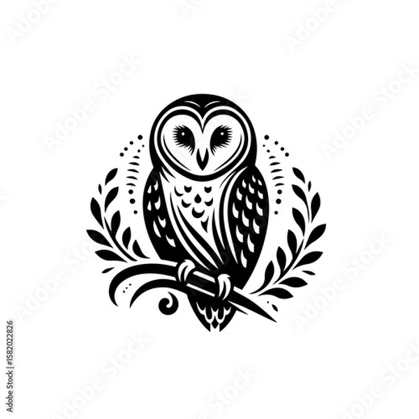 Fototapeta Owl Icon in Elegant Design: A meticulously crafted owl icon, showcased in an elegant black and white design with symmetrical details and a hint of the natural world.