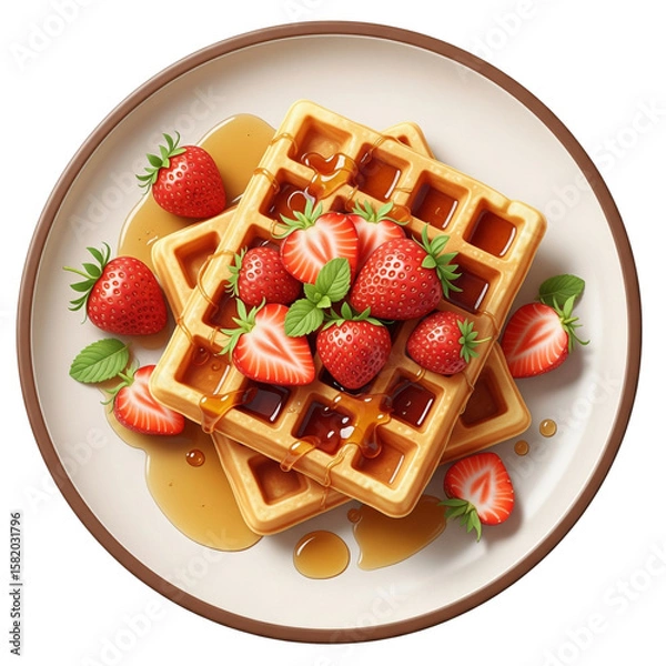 Fototapeta Delicious Golden Waffles with Fresh Strawberries and Maple Syrup Served on a Plate for Sweet Breakfast or Brunch