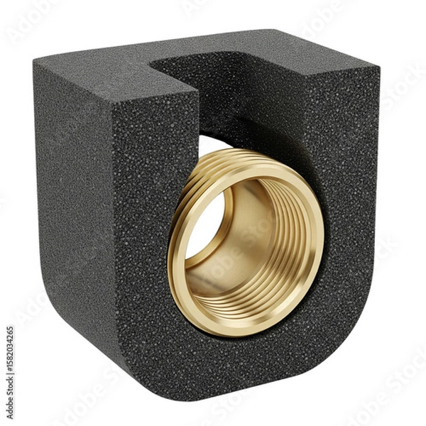 Fototapeta Brass Threaded Pipe Connector Encased in Black Insulation Foam for Thermal and Acoustic Piping Systems
