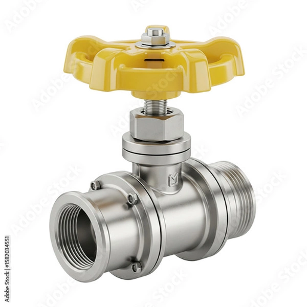 Fototapeta Stainless Steel Industrial Shut Off Valve with Yellow Handle for Gas and Water Pipeline Control Isolated on White Background