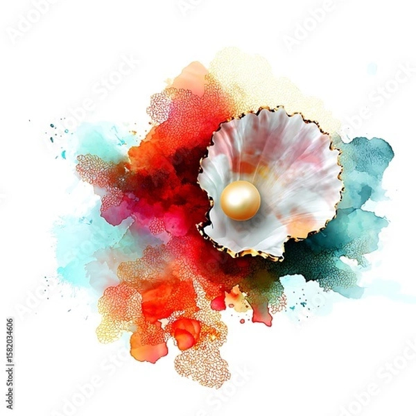 Obraz Pearl in Seashell on Abstract Watercolor Background Elegant Nature Illustration.