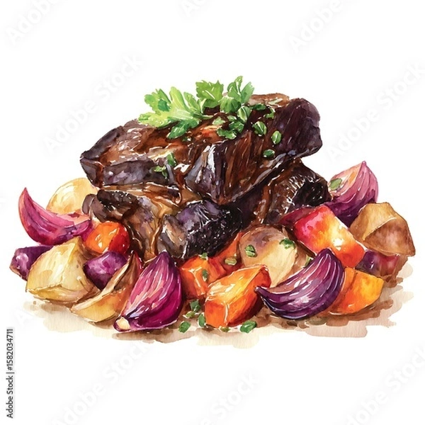 Obraz Juicy Roasted Beef Short Ribs with Root Vegetables A Watercolor Painting of a Delicious Meal.