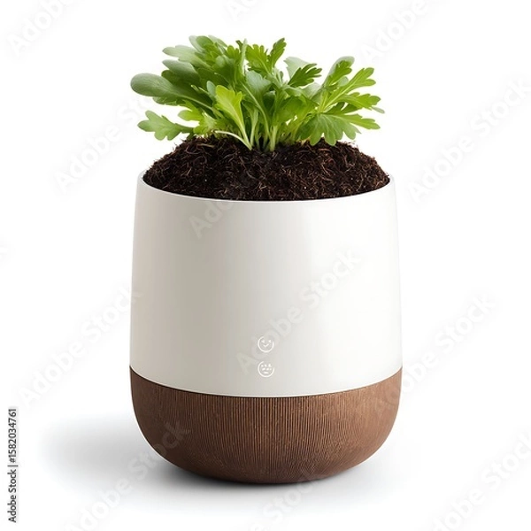 Obraz Modern minimalist planter with green plant, isolated on white background.