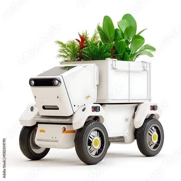 Obraz Autonomous Delivery Vehicle Transporting Plants and Flowers. A futuristic, white, self-driving truck carries a variety of lush greenery.