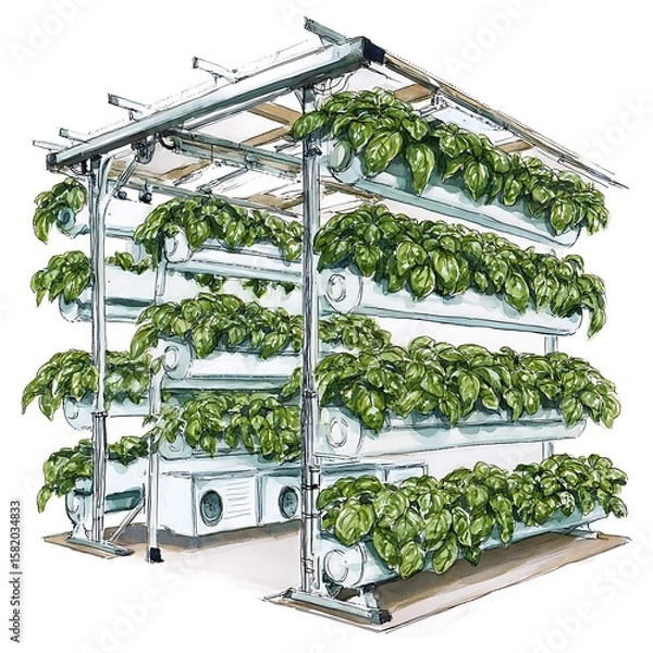 Obraz Multi Level Hydroponic System Growing Lush Green Basil Plants.