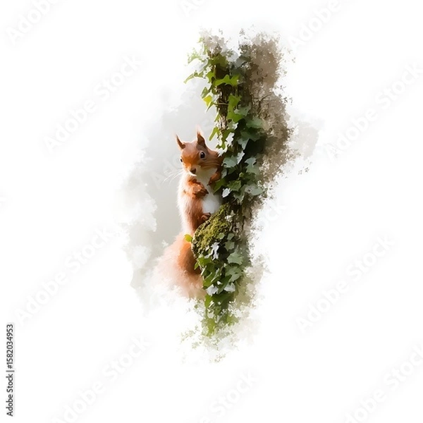 Obraz Red Squirrel on Tree Trunk, Artistic Nature Illustration.