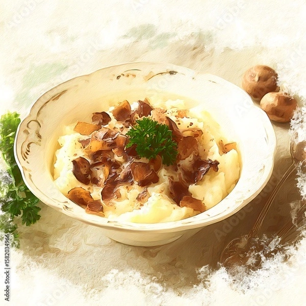 Obraz Creamy Mashed Potatoes with Sautéed Mushrooms A Delicious and Appetising Dish.