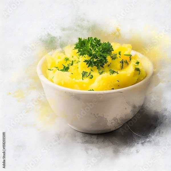 Obraz Creamy Mashed Potatoes with Parsley Garnish in a White Bowl. A close up image of a delicious and simple side dish.