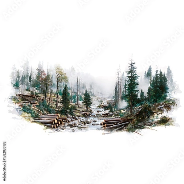Obraz Misty Mountain Stream with Cut Logs A serene landscape illustration.