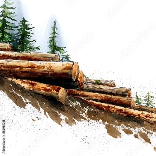 Obraz Stack of Logs in a Forest Setting Artistic Watercolor Illustration.