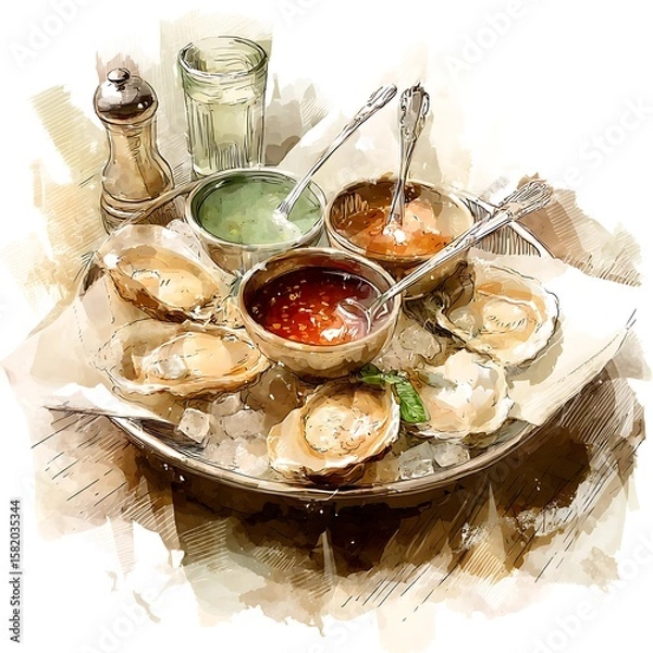 Obraz Fresh Oysters on Ice with Three Gourmet Sauces. A delectable seafood platter ready to be enjoyed.
