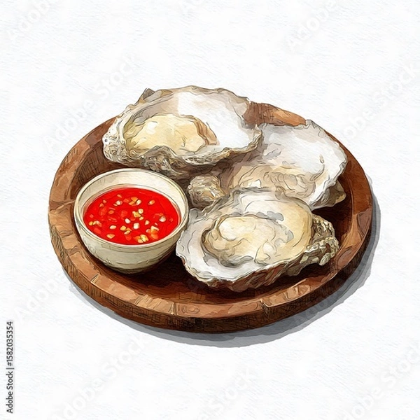 Obraz Fresh Oysters on a Wooden Platter with Spicy Chili Sauce. A delectable illustration of a seafood dish, perfect for menus or culinary websites.
