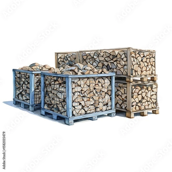 Obraz Stacks of Firewood in Crates, Ready for Winter. A detailed illustration of neatly stacked firewood in various crates.