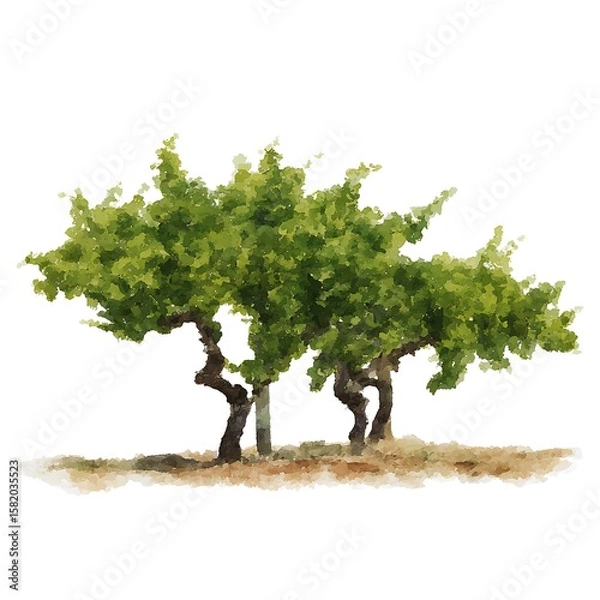 Obraz Lush Green Grape Vines, Artistic Illustration. A picturesque depiction of three grapevines with vibrant foliage, ideal for wine-related designs.