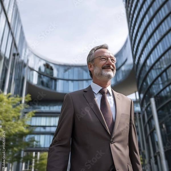 Obraz Confident Mature Businessman in Modern City Setting. A portrait showcasing a successful, smiling man in a suit against the backdrop of a contemporary urban building.