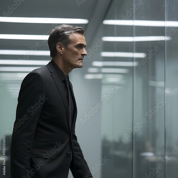 Obraz Confident Businessman in Modern Office Building Corridor. A profile view of a man in a suit looking thoughtfully ahead.