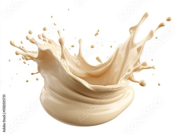 Fototapeta Creamy beige liquid explodes in a dynamic splash, forming a crown-like shape against a stark white background