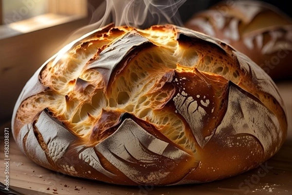 Fototapeta Close-up of freshly baked bread with steam gently rising, capturing the warmth and texture of just-out-of-the-oven loaves. 