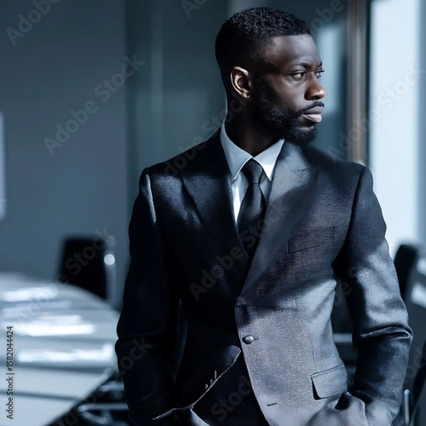 Obraz Thoughtful African American Businessman in a Modern Office. A portrait of a successful man in a suit, contemplating his next move.